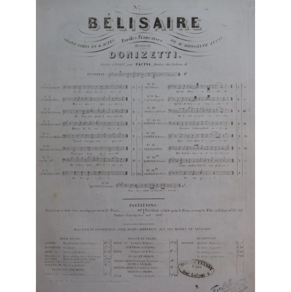 DONIZETTI G. Belisario No 5 Chant Piano ca1850