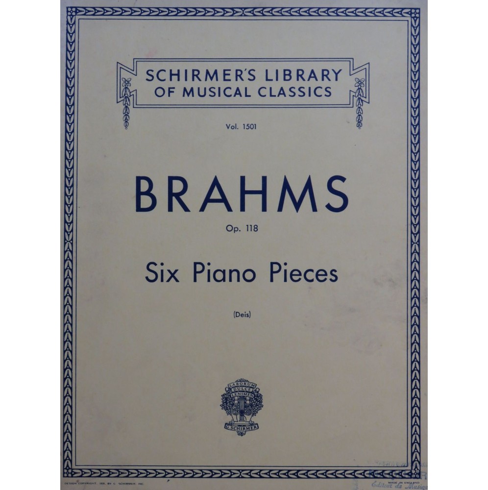 BRAHMS Johannes Six Piano Pieces op 118 Piano