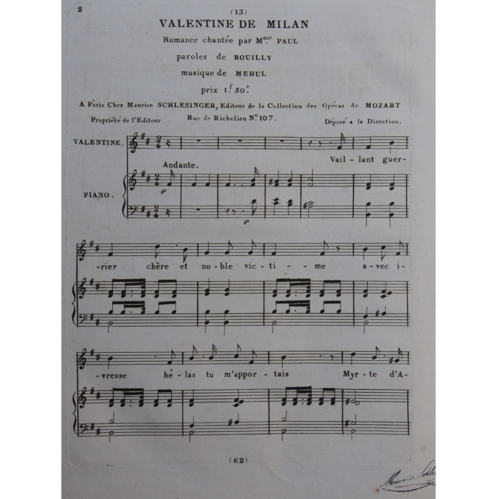 MÉHUL Valentine de Milan No 13 Chant Piano 1822