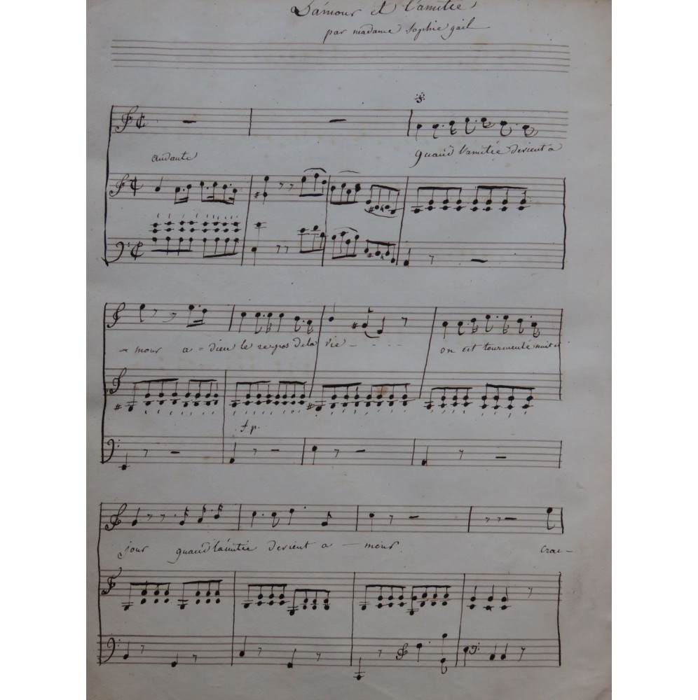 GAIL Sophie L'Amour et l'Amitié Manuscrit Chant Piano ca1830