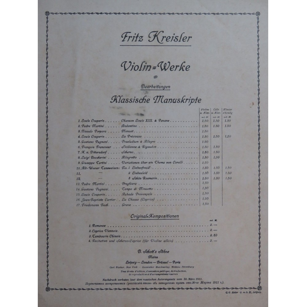 PUGNANI Gaetano Praeludium und Allegro Piano Violon 1910