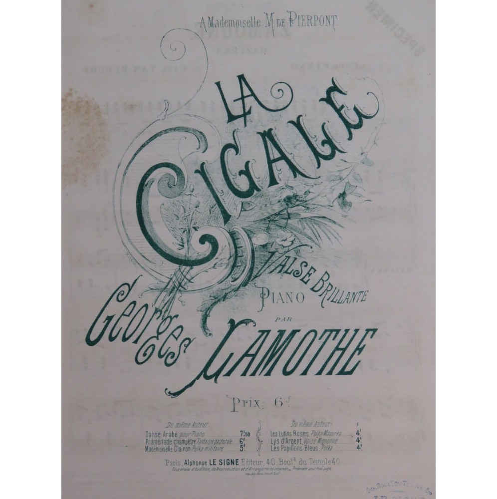 LAMOTHE Georges La Cigale Piano XIXe siècle