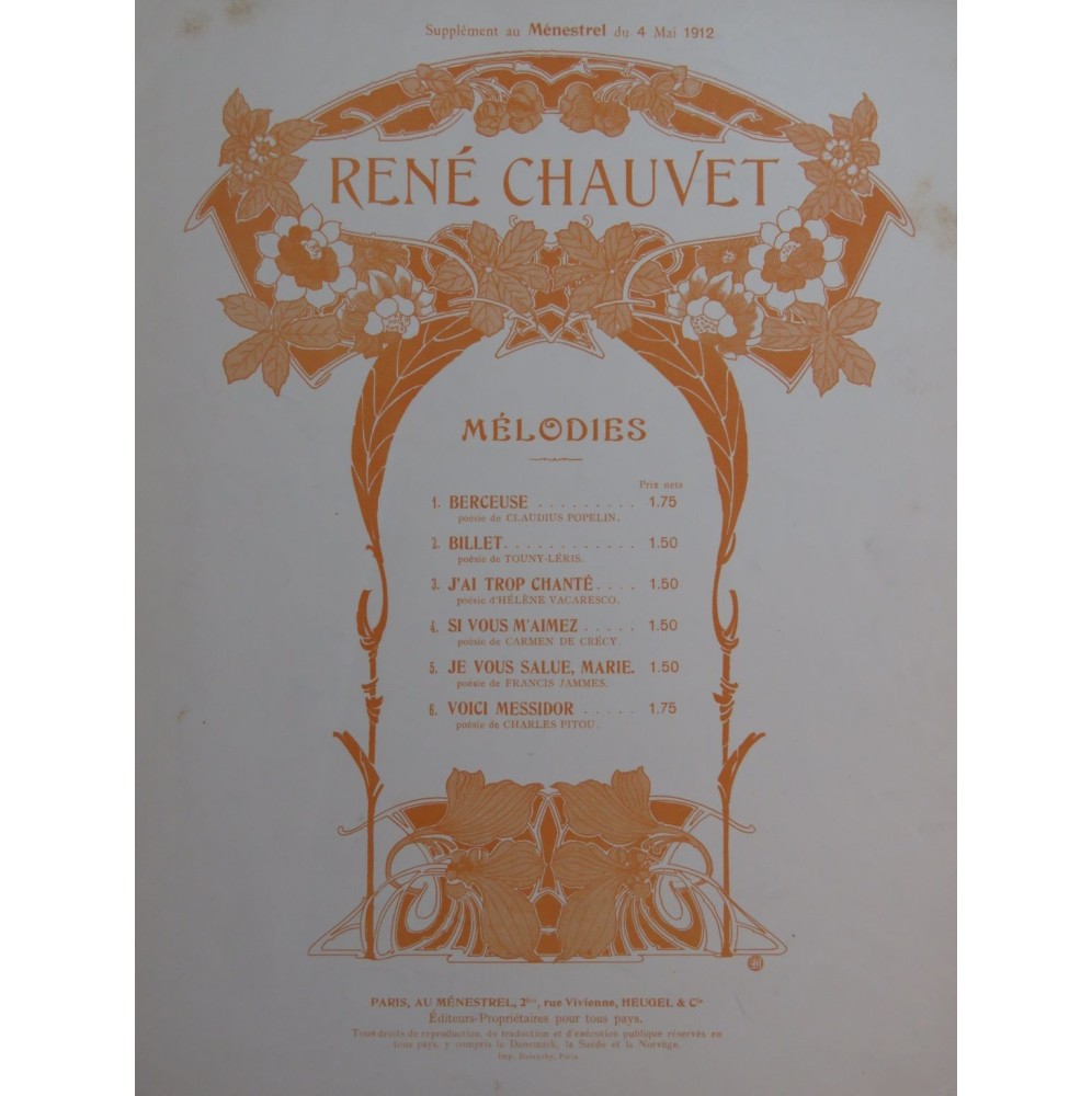 CHAUVET René Je vous salue Marie Piano Chant 1912