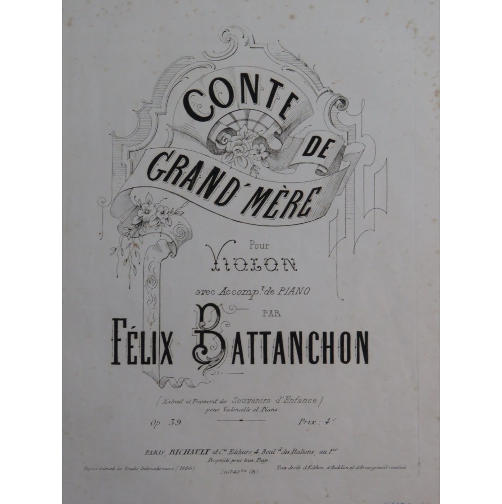 BATTANCHON Félix Conte de Grand'Mère Piano Violoncelle 1886