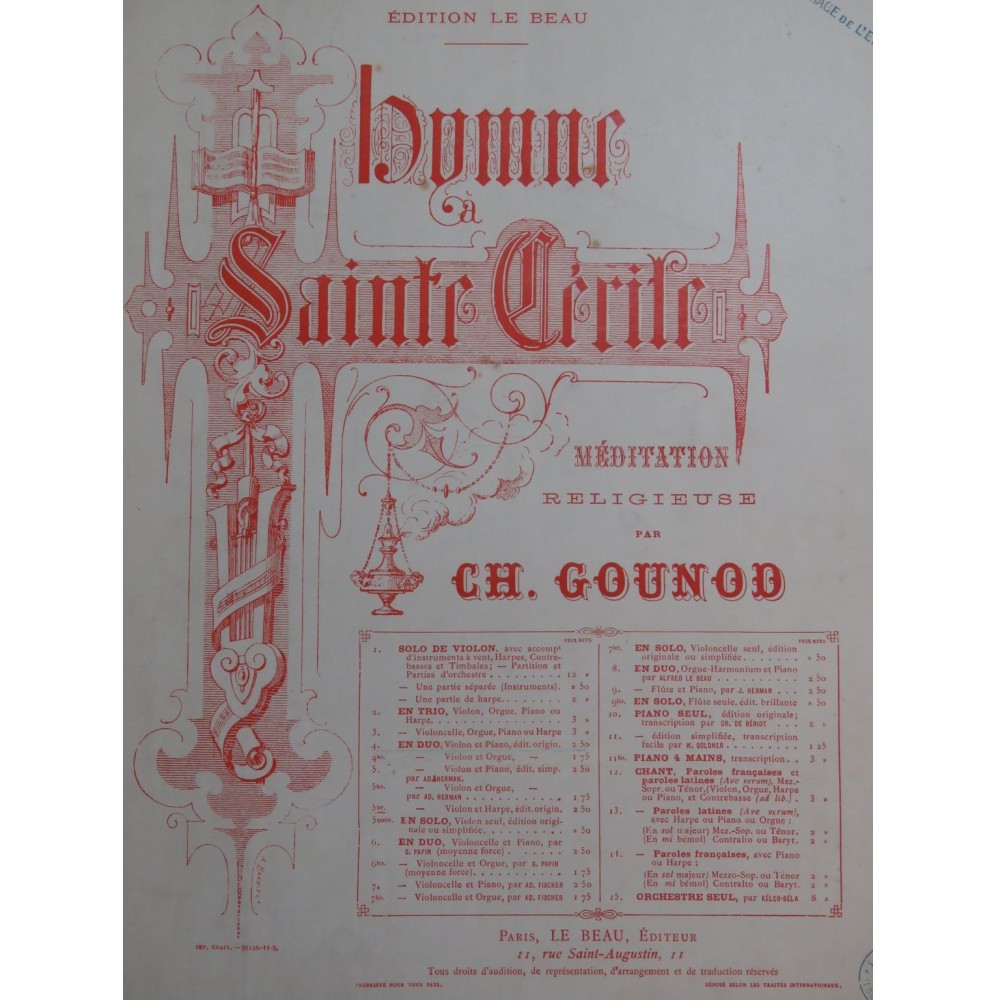 GOUNOD Charles Hymne à Sainte Cécile Violon Piano ou Harpe 1909
