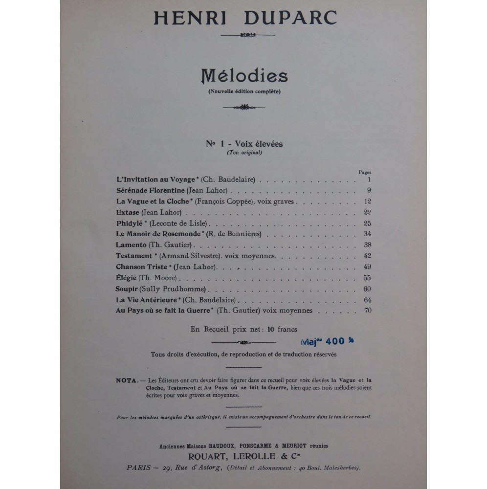 DUPARC Henri CHAUSSON Ernest Mélodies Piano ca1911