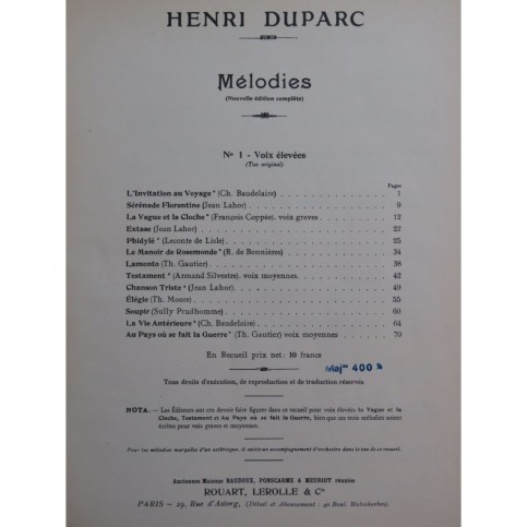 DUPARC Henri CHAUSSON Ernest Mélodies Piano ca1911