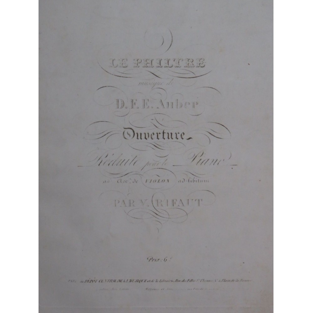 AUBER D. F. E. Le Philtre Ouverture Piano Violon ca1835