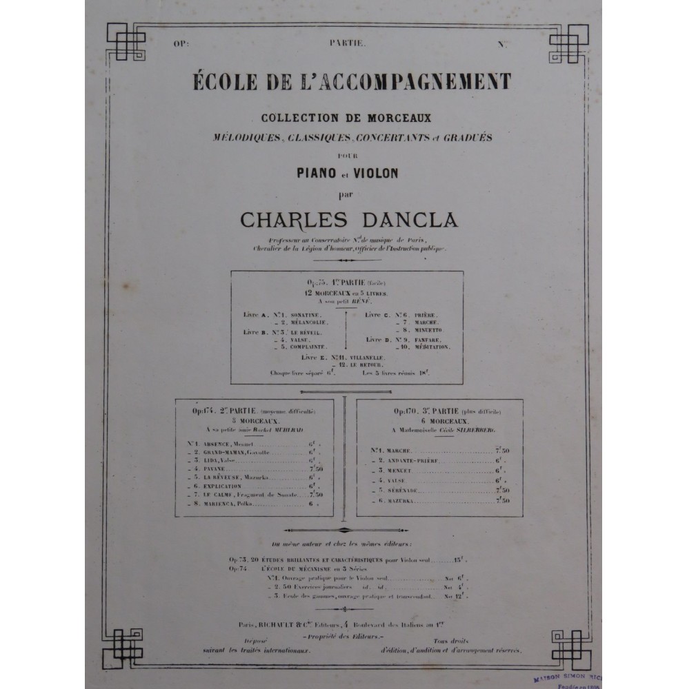 DANCLA Charles Andante Prière Piano Violon XIXe