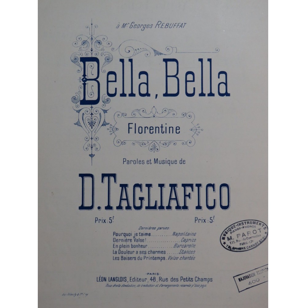 TAGLIAFICO D. Bella Bella Chant Piano ca1895