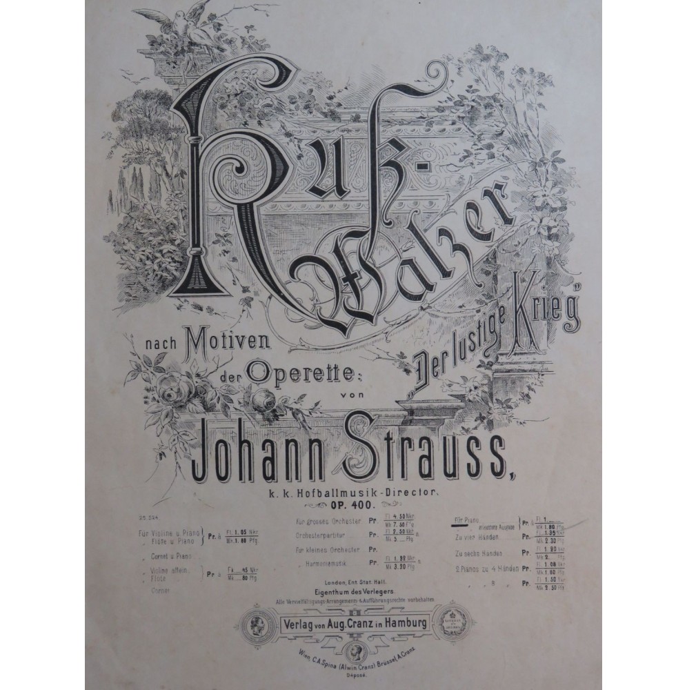 STRAUSS Johann Kuss Walzer Les Baisers op 400 Piano ca1882