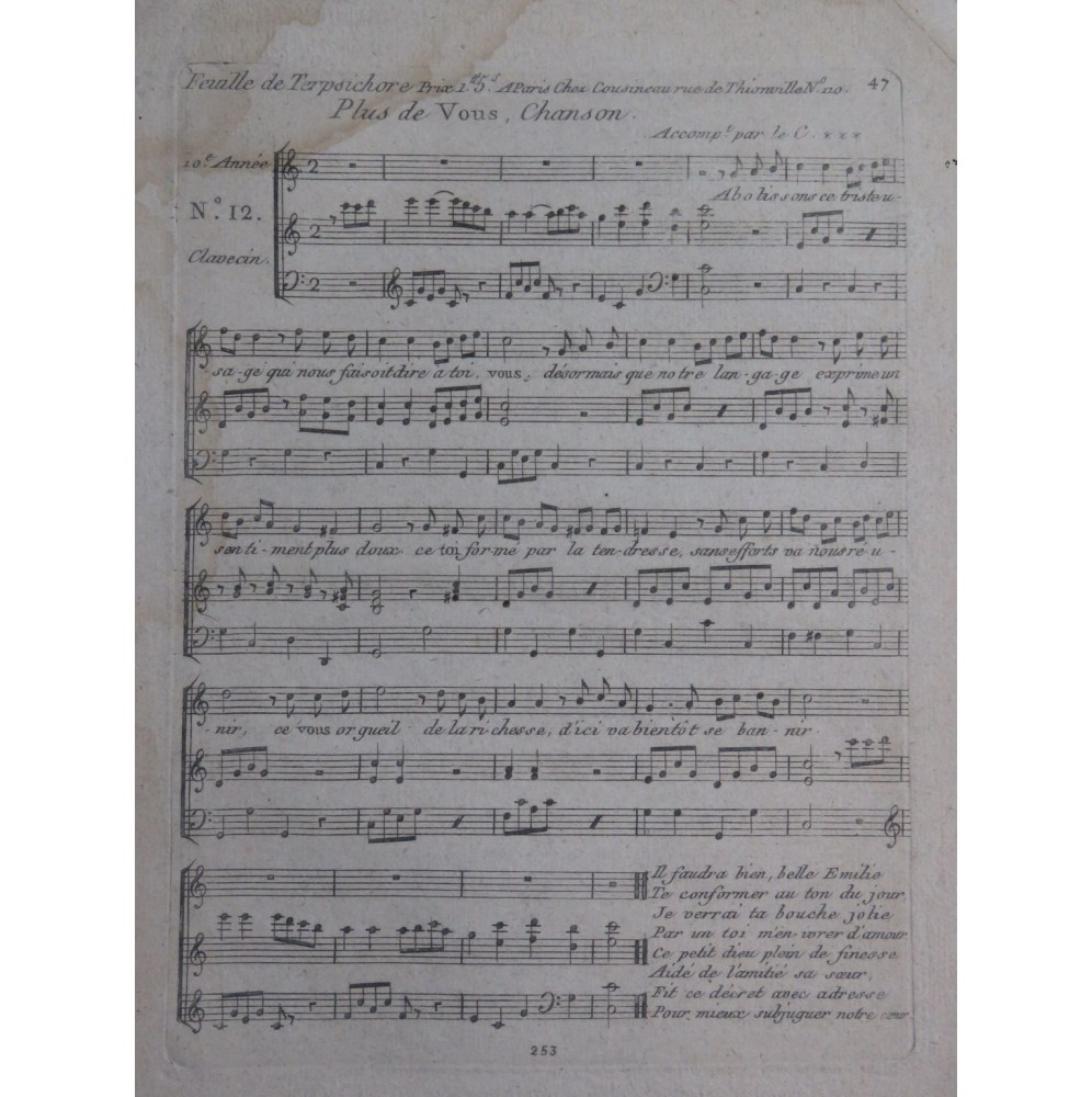 Feuille de Terpsichore 10e Année No 12 Clavecin Chant XVIIIe