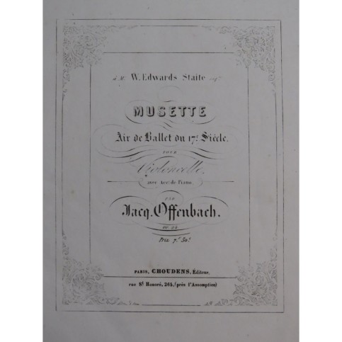 OFFENBACH Jacques Musette op 24 Piano Violoncelle ca1860