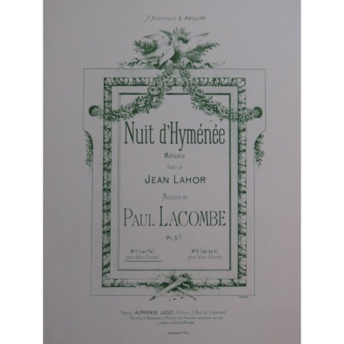 LACOMBE Paul Nuit d'Hyménée Chant Piano 1897