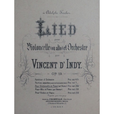 D'INDY Vincent Lied op 19 Violoncelle Piano ca1885