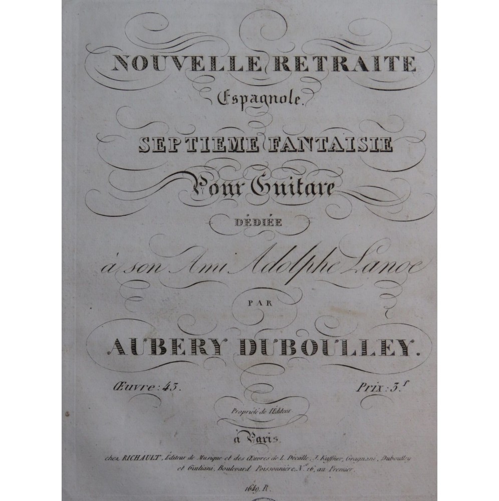 AUBÉRY DU BOULLEY Prudent-Louis Nouvelle Retraite Espagnole Guitare ca1827