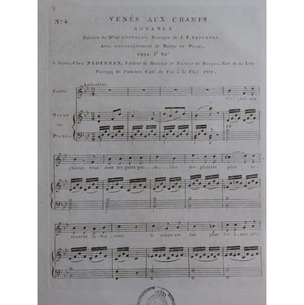 NADERMAN François Joseph Venés aux Champs Chant Piano ou Harpe ca1820