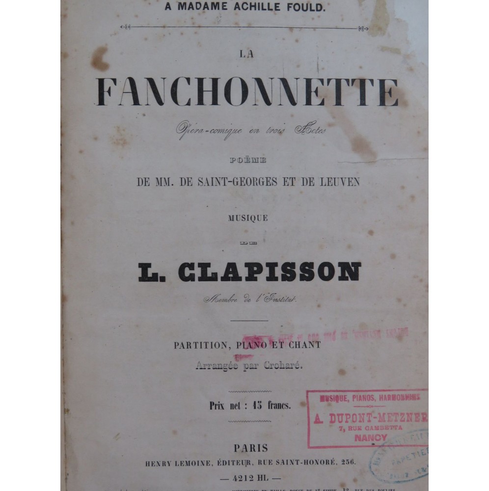 CLAPISSON Louis La Fanchonnette Opéra Piano Chant XIXe