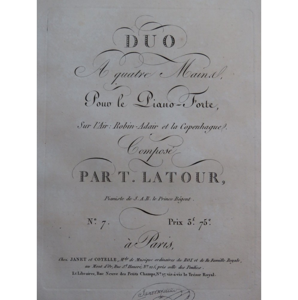 LATOUR T. Duo sur Robin-Adair et la Copenhague Piano 4 mains ca1820
