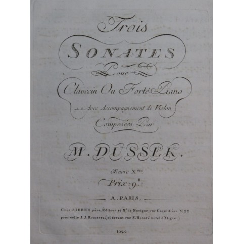 DUSSEK J. L. Trois Sonates op 10 Violon ca1790