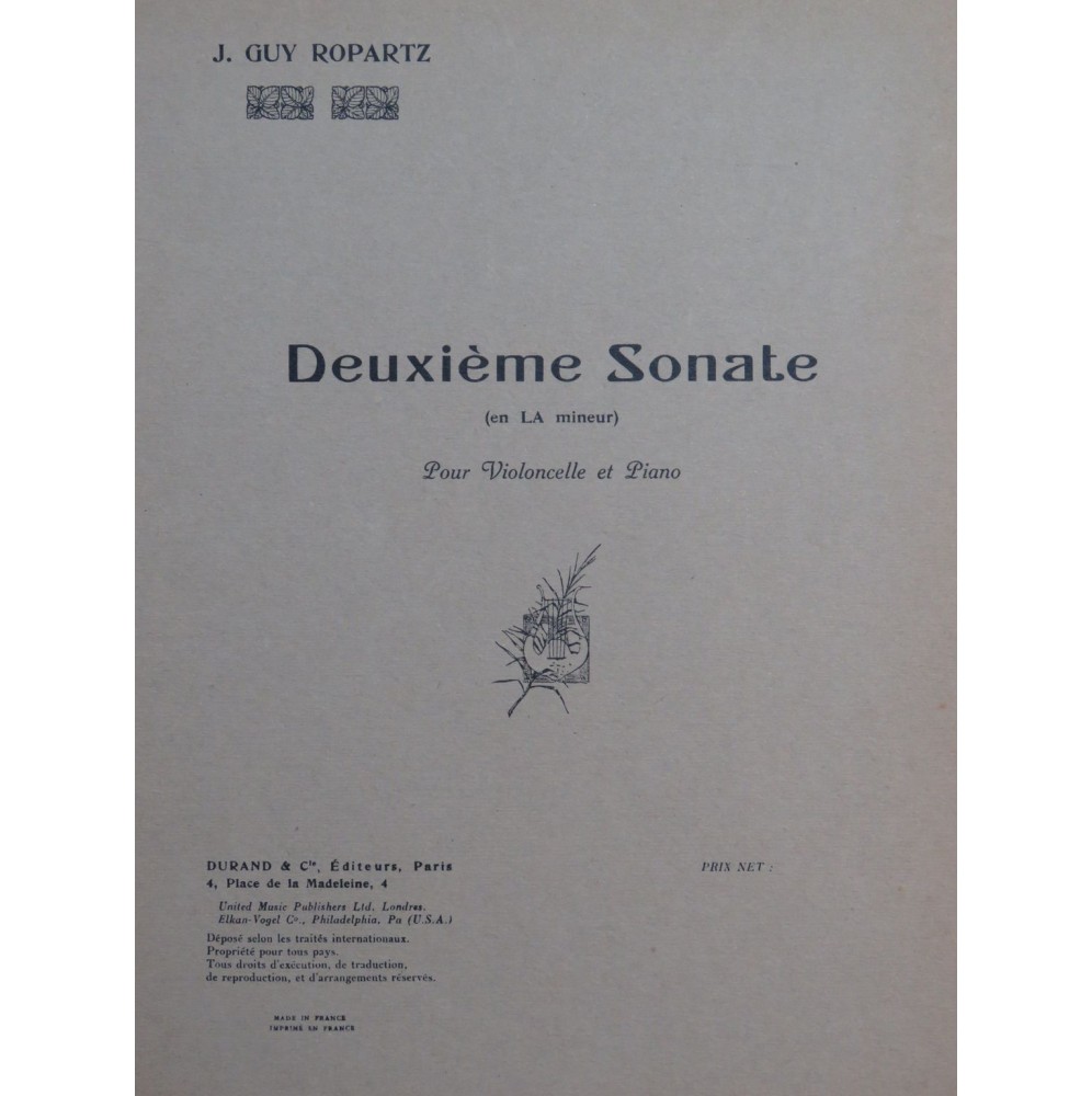 ROPARTZ Joseph Guy Sonate No 2 Violoncelle Piano 1959