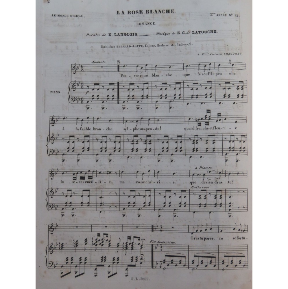 LATOUCHE E. G. La Rose Blanche Chant Piano ca1840