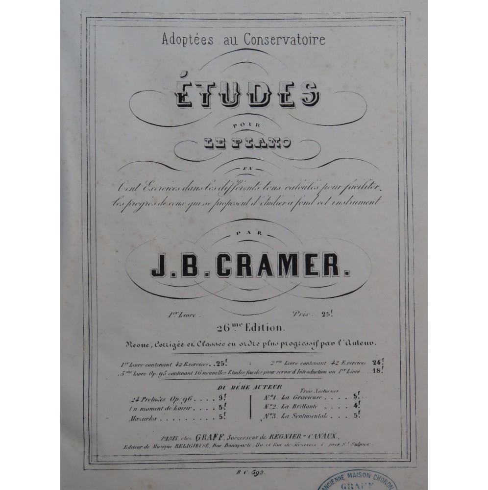 CRAMER J. B. Etudes 1er Livre No 1 à 42 Piano XIXe