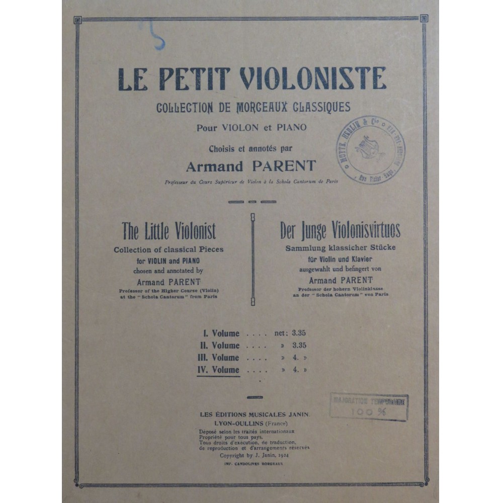 PARENT Armand Le Petit Violoniste Volume 4 Piano Violon 1924