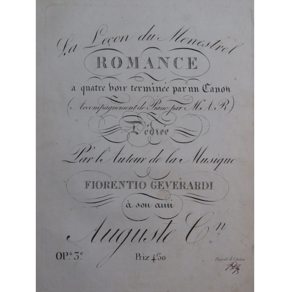 GEVERARDI Fiorentio La Leçon du Ménestrel Dédicace Chant Piano ca1820