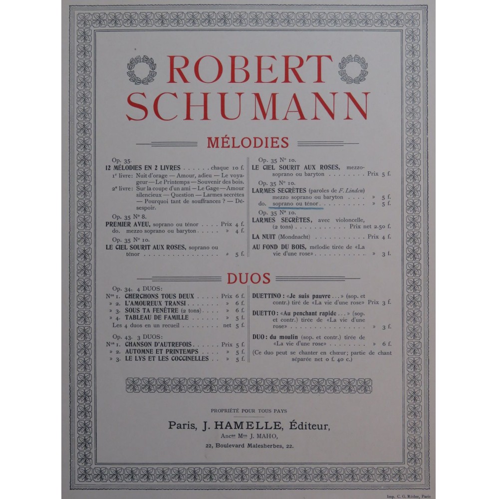 SCHUMANN Robert Larmes Secrètes op 35 Chant Piano ca1903
