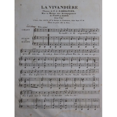BÉRANGER P. J. La Vivandière Chant Piano ou Harpe ca1820