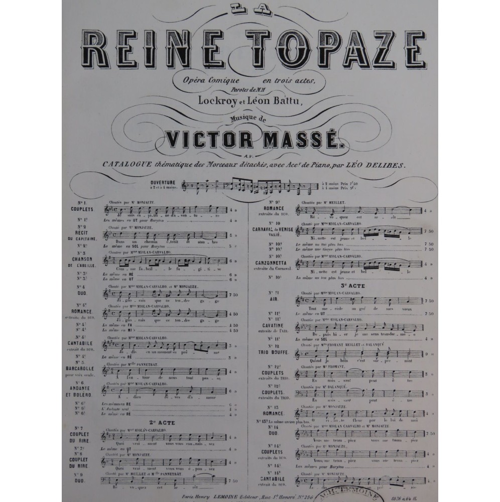 MASSÉ Victor La Reine Topaze No 3 Chant Piano ca1860