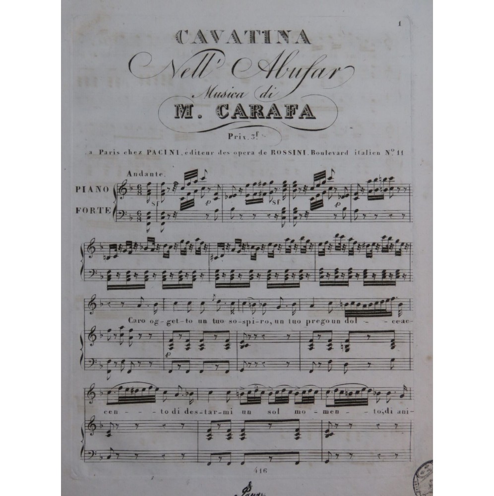 CARAFA Michele Abufar Opéra Cavatina Chant Piano ca1820