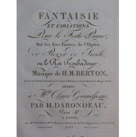 DARONDEAU Henri Fantaisie sur Roger de Sicile H. M. Berton Piano ca1820