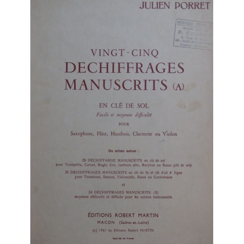 PORRET Julien 25 Dechiffrages Manuscrits Saxophone Flûte Hautbois 1961