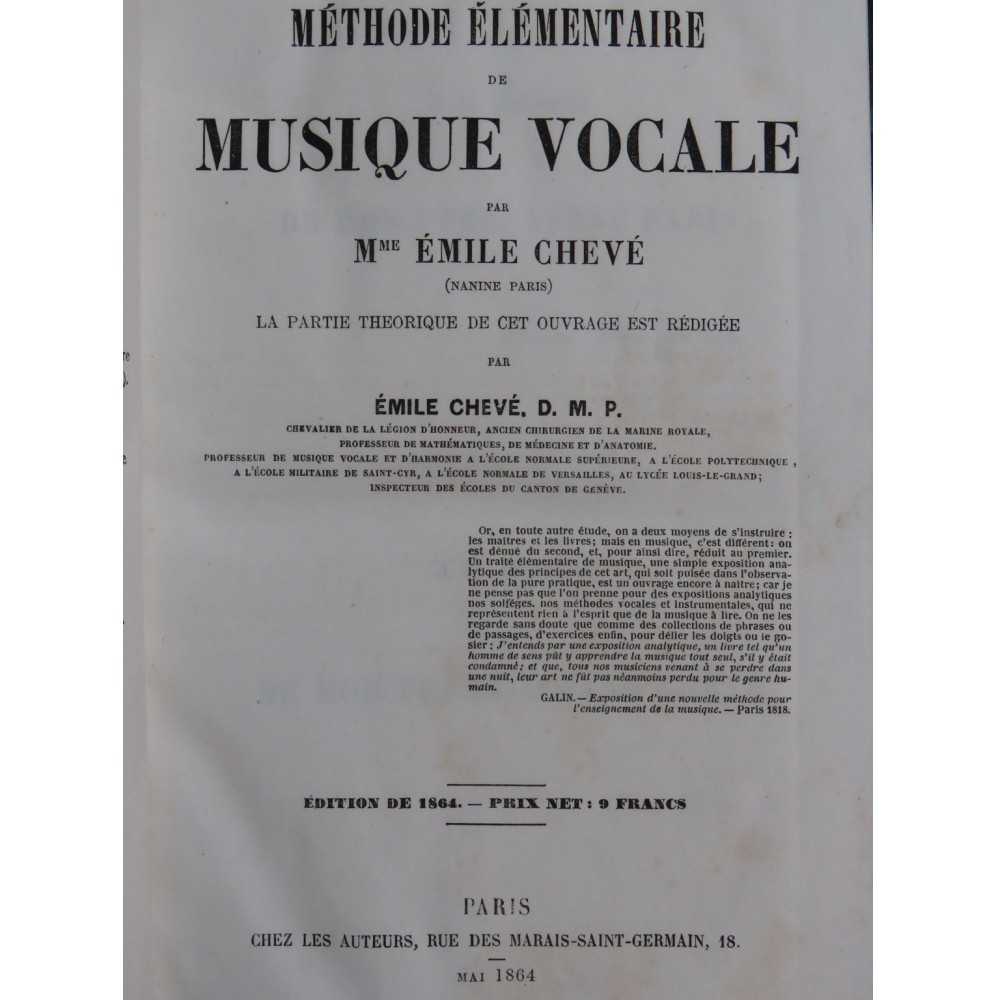 CHEVÉ Émile Méthode Élémentaire de Musique Vocale et 800 Duos 1864