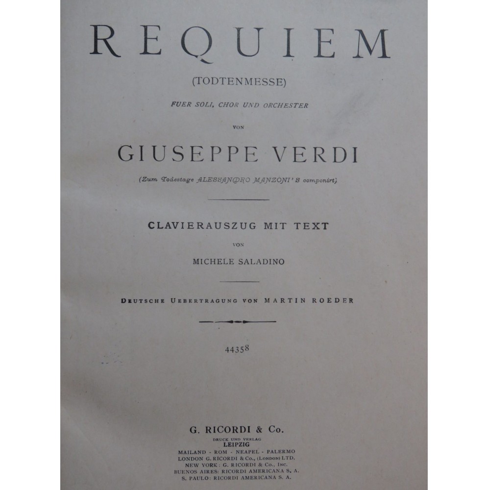 VERDI Giuseppe Requiem Allemand Latin Chant Piano