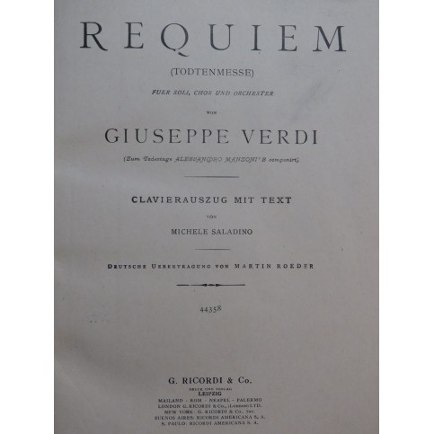 VERDI Giuseppe Requiem Allemand Latin Chant Piano