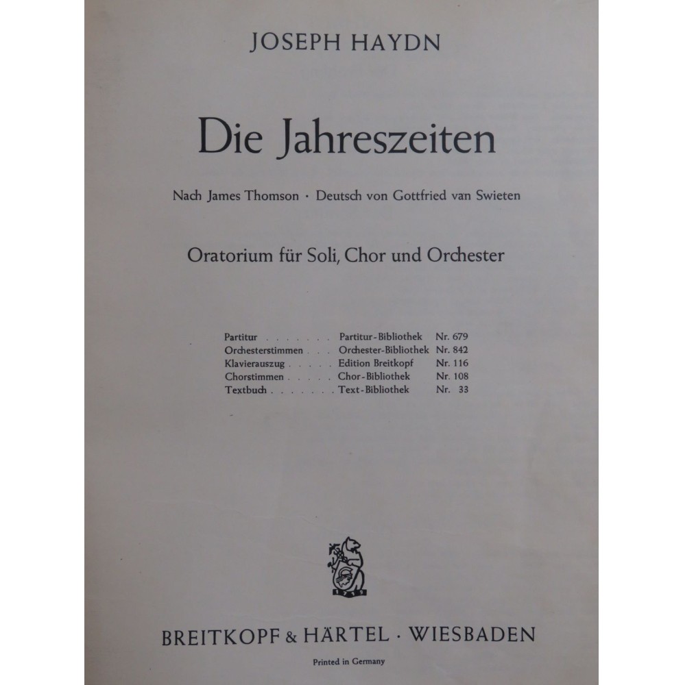 HAYDN Joseph Die Jahreszeiten Les Saisons Chant Orchestre