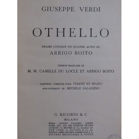 VERDI Giuseppe Othello Opéra Chant Piano