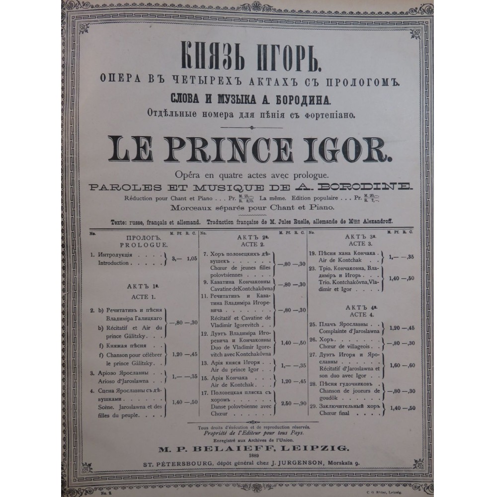BORODINE Alexandre Le Prince Igor Opéra Chant Piano