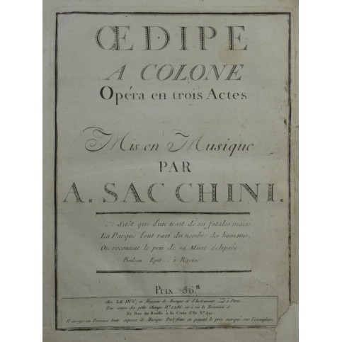 SACCHINI Antonio Oedipe à Colone Opéra Chant Orchestre 1787