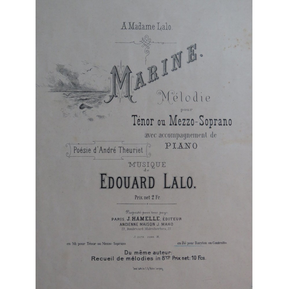 LALO Edouard Marine Chant Piano 1913