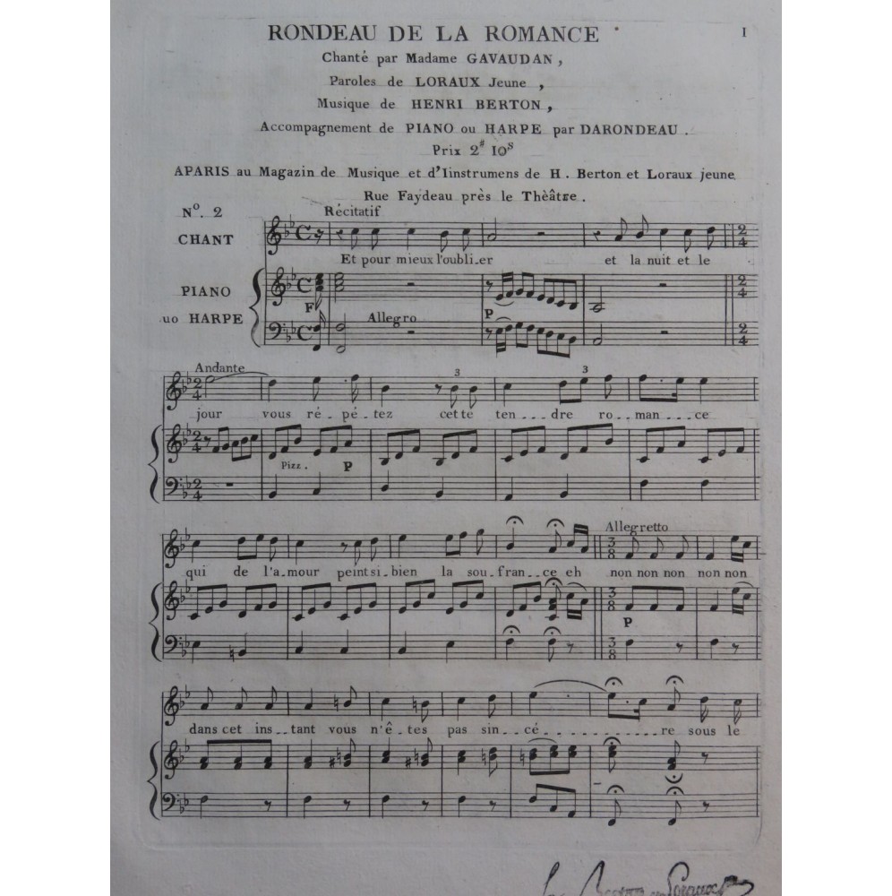 BERTON H. La Romance No 2 Chant Piano ca1820