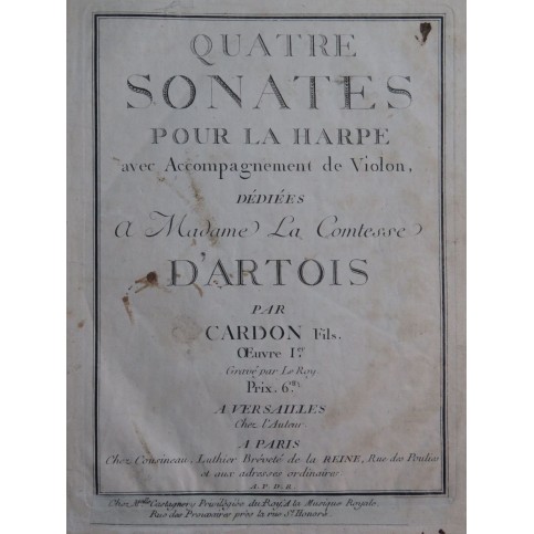 CARDON Jean-Baptiste Quatre Sonates op 1 Harpe ca1780
