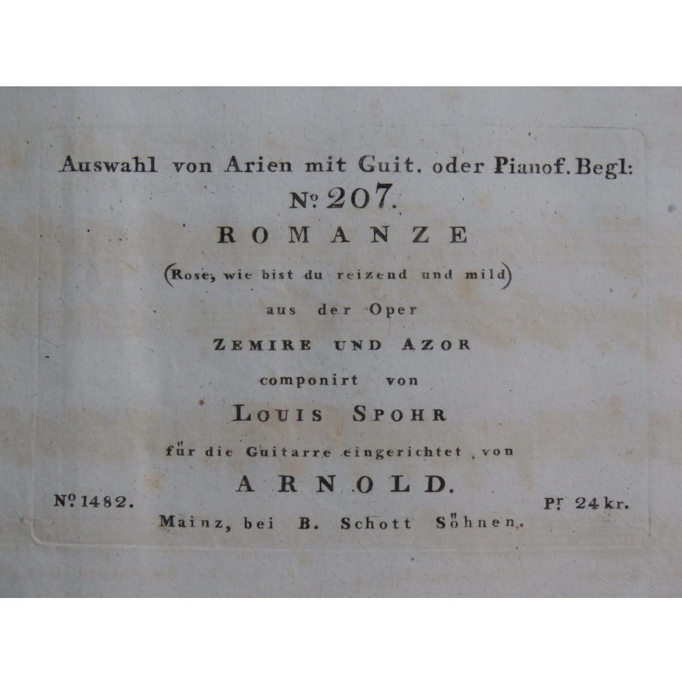 SPOHR Louis Romanze Zemire und Azor Chant Piano ou Guitare ca1820