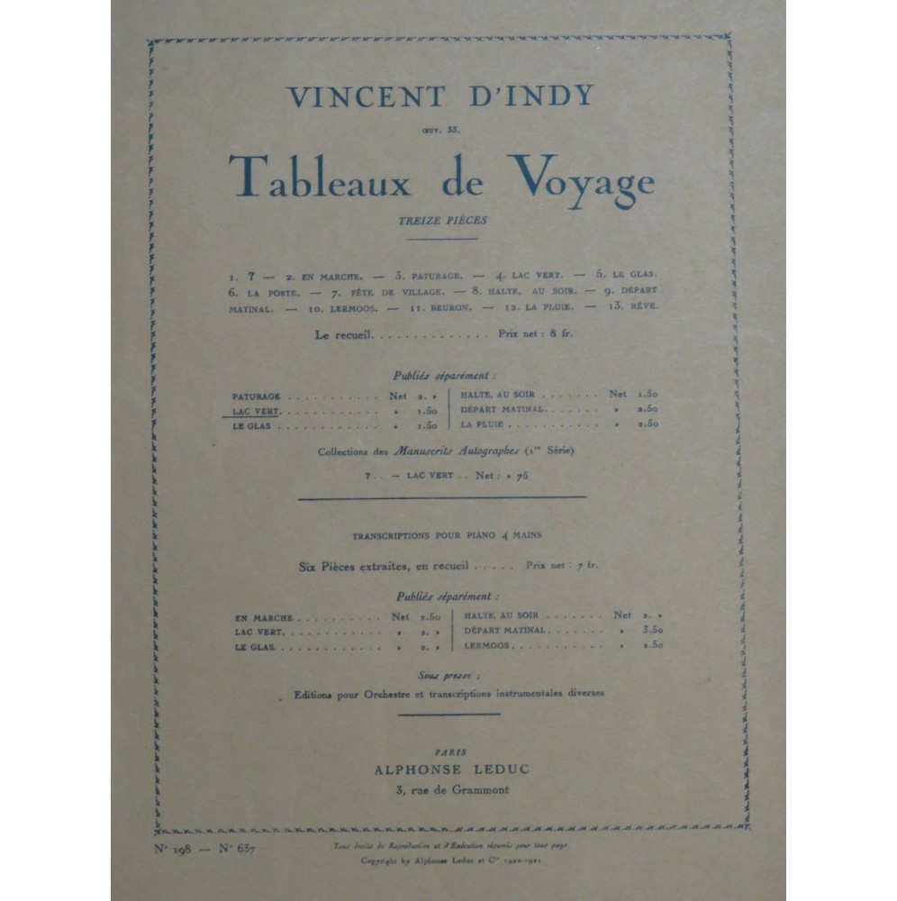 D'INDY Vincent Tableaux de Voyage No 4 Piano 1921
