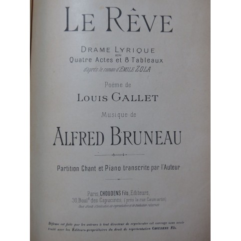 BRUNEAU Alfred Le Rêve Opéra Piano Chant ca1891