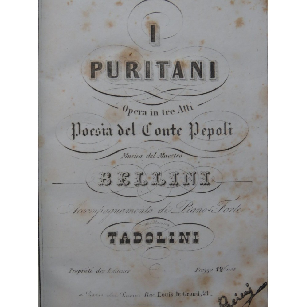 BELLINI Vincenzo I Puritani Opéra Chant Piano ca1840