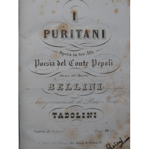 BELLINI Vincenzo I Puritani Opéra Chant Piano ca1840